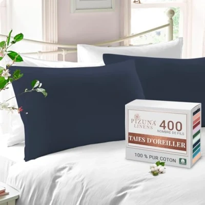 Image de Pizuna Coton Peigné Set de 2 Taies d&#039;oreiller 50x75 cm Bleu Foncé, 100% Longue Tige 400 Fils Armure Satin en avec Rabat 20cm (Taies Pièces)
