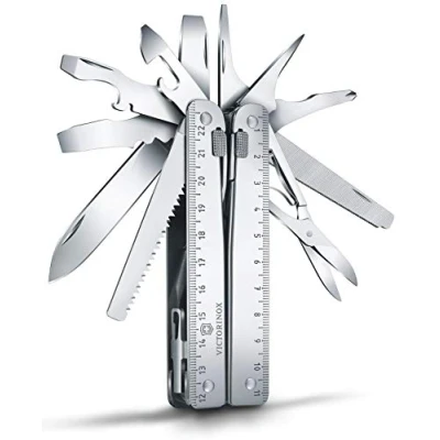Image de Victorinox Swiss Tool Couteau de Poche Suisse, Multifonction, 28 Fonctions, Tire Bouchon, Lame Fixe, Etui, Argent