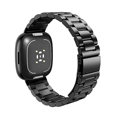 Image de MoKo Bracelet en Métal Compatible avec Fitbit Versa 4/Versa 3/Sense 2/Sense, de Montre Remplacement Acier Inoxydable pour Femmes Hommes, Noir