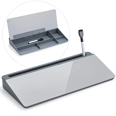 Image de Varhomax Tableau blanc en verre effaçable à sec avec rangement pour liste de choses faire, bloc notes, support clavier la maison, le bureau et l&#039;école (tableau gris)