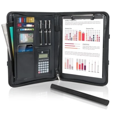 Image de Cinnani Portfolio A4 en Cuir, Porte Document avec Papiers Écrit et Calculatrice Grands Compartiments, Documents Poignées Pliables, Bloc notes pour Record de Réunion/RDV Affaires Noir