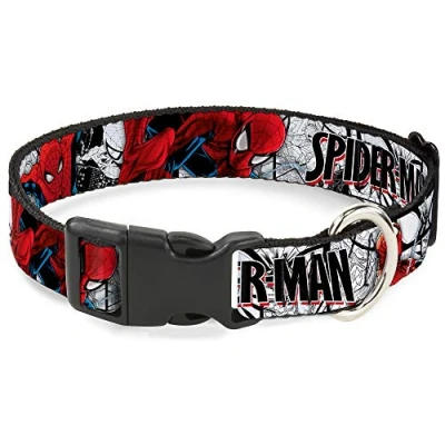 Image de Collier pour Chien en Plastique avec Clip Spider Man Poses d&#039;action Scènes de Bande dessinée Blanc, Noir, Rouge 28 à 43 cm 2,5 Large