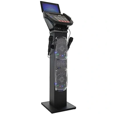 Image de KARAOKE Easy Bluetooth Système de avec Haut Parleur sur Pied CDG Professionnel 6 parleurs, lumières Disco LED, écran Couleur TFT 7&quot; + 2 Microphones