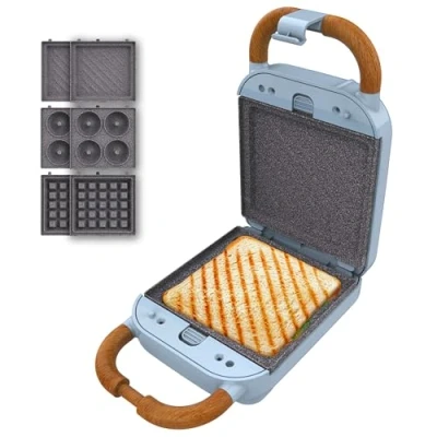Image de Cecotec Appareil à Sandwichs Rock&#039;nToast Retro One Blue. Machine Sandwich Rétro 700W, 3 Plaques Interchangeables Pour Sandwiches, Gaufres et Beignets, Revêtement RockStone, Base Antidérapante