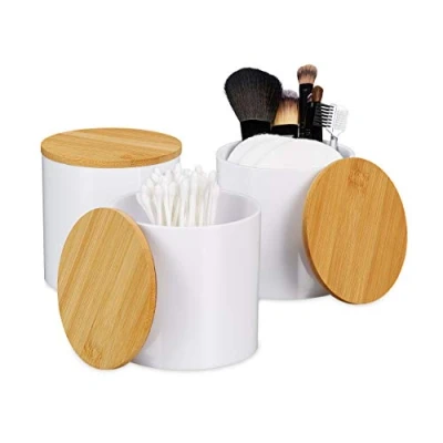 Image de Relaxdays Distributeur Coton démaquillant, Boite Coton, Range Organiseur Couvercle Set de 3, Nature Blanc