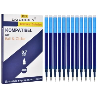Image de LVZONGXIN Lot de 12 recharges effaçables 0,7 mm Compatibles avec Pilot Frixion Ball &amp; Clicker Longueur d&#039;écriture : 400 m OF010
