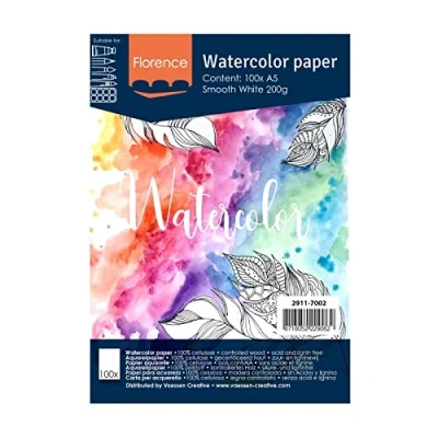 Image de Vaessen Creative Papier Aquarelle Florence Pressé à Chaud A5, Blanc Intense, 200 GSM, Qualité d&#039;artiste, Surface Lisa, 100 Feuilles pour Peindre, Handlettering, Projets d&#039;art et Plus