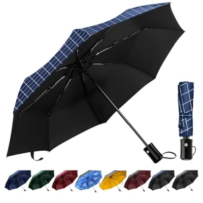 Image de TechRise parapluie compact, solide, résistant au vent, pliable et léger, de voyage golf portable pour la pluie, ouverture fermeture automatiques à bouton unique, bleu/carreaux, L