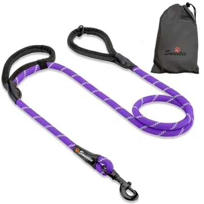 Image de Laisse Pour chien en corde violette solide, 2 poignées rembourrées, 1,5 m chiens de taille moyenne et grande Réfléchissante, résistante aux intempéries.