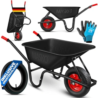 Image de MASKO® brouette de Chantier, Jardin 100 litres jusqu&#039;à 250kg pneus gonflables avec Jante en Acier galvanisé Cadre Transport, Gants Travail Inclus