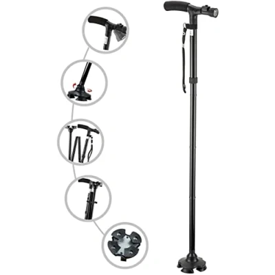 Image de Canne Pliante avec Lampe LED, réglable pour Hommes et Femmes, Personnes âgées, poignée en t Coussin de siège Quatre Pieds pivotants