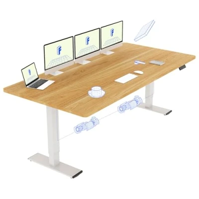 Image de FLEXISPOT Bureau Assis Debout 200 x 80 cm avec 2 Moteurs Puissants, Stable Réglable en Hauteur, Électrique Fonction Mémoire (Blanc + Maple)
