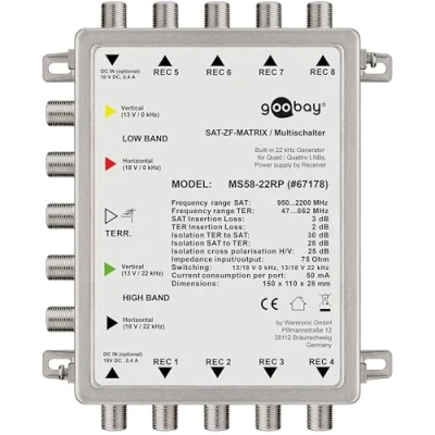 Image de Commutateur SAT GOOBAY 67178 5 Entrées 8 Sorties Compatible DVB S/S2 4K HDTV 3D