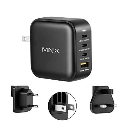 Image de MINIX Neo P3 100W Turbo 4 Ports GaN Wall Chargeur, 3 x USB C Port Fast Charging Adapter(Max 100W/20W), 1 A (Max 18W). Compatible avec MacBook Pro Air, iPad Pro, iPhone 13,12,Galaxy S9 and More.