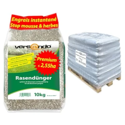 Image de versando 510kg Engrais Gazon Printemps jusqu&#039;à 2,55ha: Repousse la Mousse et Les Mauvaises Herbes pour Un Vert sain à Effet Longue durée 1/2 Palette 51x10kg Premium