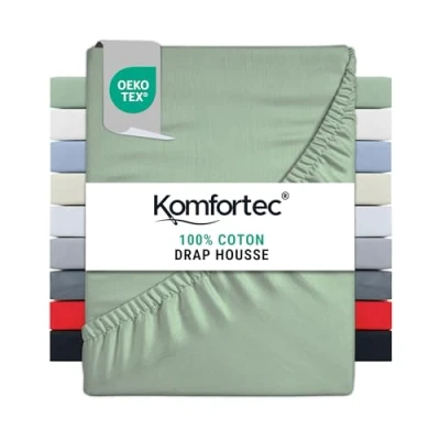 Image de Komfortec Drap Housse en Jersey 180 x 200 cm, 100 pour Cent Coton, Vert
