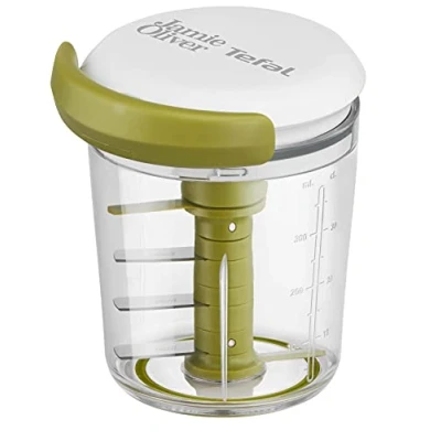 Image de Tefal Jamie Oliver par K1644344 Chop &amp; Shaker sans électricité capacité : 450 ml multi hachoir universel pour légumes, fruits, oignons, noix, ail blanc/bleu