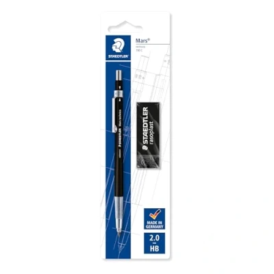 Image de Staedtler Mars Technico, porte mine noir de 2 mm avec indication degré réglable pour artistes et professionnels, Étui blister 1 gomme Rasoplast noire, 780 C BKP6