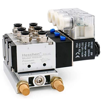 Image de Heschen Triple électrovanne pneumatique électrique 4V210 08 DC 12 V PT1/4 5 voies 2 positions base collecteur silencieux raccords rapides