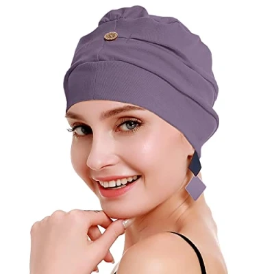 Image de Osvyo Turbans chimio pour femme Chapeau de perte cheveux Coton léger Emballage scellé Taille unique, Violet, gris, unique
