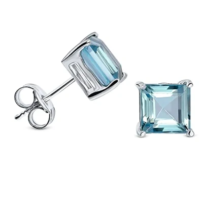 Image de Miore Boucles d&#039;Oreilles Carrées 4 Branches Avec Topaz Bleu de Taille Princesse 6.5 x mm pour Femme Puces en Or Blanc 9 ct 375 Clous Clair et Papillon