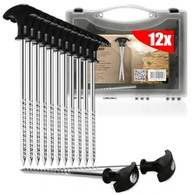 Image de com four® 12x piquets de Tente en Acier Sol Robustes avec Filetage dans la boîte Transport pour Le Camping et l&#039;extérieur idéal Les sols normaux durs poignée T