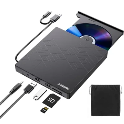 Image de ORIGBELIE 6 en 1 Lecteur CD Externe pour PC, USB 3.0 Type C CD/DVD +/ RW Graveur DVD avec de Carte SD/TF, Mince Windows 11/10/8/7/XP Vista Linux Mac OS
