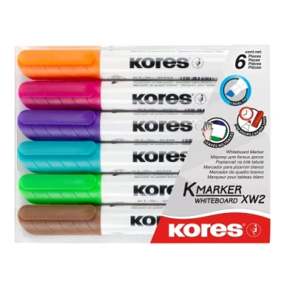 Image de Kores K Marker XW2 : Marqueurs de couleur pour tableau blanc avec pointe biseautée, effaçable à sec et encre faible odeur, fournitures scolaires bureau, lot 6 couleurs assorties 20803