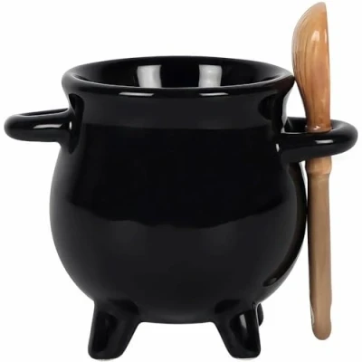 Image de something different Adorable coquetier chaudron noir avec cuillère à balai 6,5 cm x 9 (1 pièce) Design sorcier, amusant et unique Accessoire de cuisine fantaisie parfait