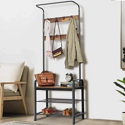 Image de BAKAJI Portemanteau 9 Crochets Structure en métal avec Banc à Chaussures, 2 étagères, Assise Bois MDF foncé, Design Moderne, Industriel, Dimensions 73 x 34 183 cm
