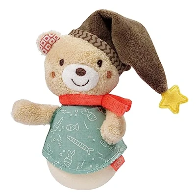 Image de Fehn Bébé Ours Bruno Figurine à tenir debout Jouet moteur pour attraper, toucher et pousser ourson avec fonction clochette bébés jeunes enfants partir de 0+ mois