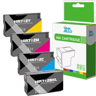 Image de Inkjello 3ED71A Lot de 4 cartouches d&#039;encre rechange pour HP 712 DesignJet T650 T630 T250 T230 T210 3ED67A 3ED68A 3ED69A Noir/cyan/magenta/jaune