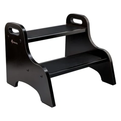 Image de Tabouret à 2 Marches en Bois StrongTek pour Enfants, Surface Antidérapante, Poignées Portables, Patins Antidérapants, Capacité 180 kg, Support Polyvalent Robuste (Noir)