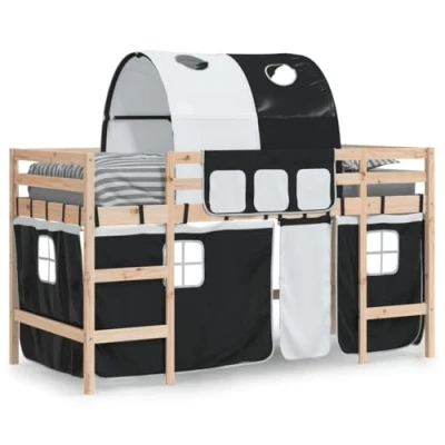Image de vidaXL Lit Mezzanine Enfants et Tunnel, Surélevé pour avec Échelle, Meuble de Rangement Chambre, Moderne, Blanc Noir 90x190 cm Pin Massif