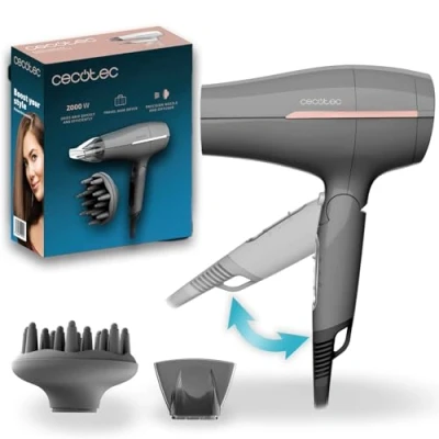 Image de Cecotec Sèche cheveux de Voyage IoniCare Power&amp;Go Heaven Grey. 2000W, 2 Températures, Vitesses, Fonction Air Froid, Buse Concentratrice et Diffuseur, Anneau pour Suspendre