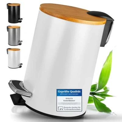 Image de HIBATH® Poubelle de salle bain en acier inoxydable avec couvercle bambou (3 litres, blanc) système d&#039;abaissement automatique pratique WC