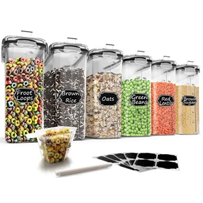 Image de Wildone Ensemble de 6 récipients hermétiques avec contenance 4 L et couvercle anti fuites noir pour céréales aliments secs (sucre, farine, etc.)