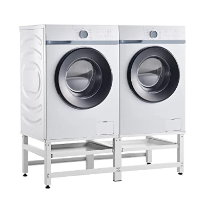 Image de [en.casa] Double Socle avec Étagères Coulissantes pour Machine à Laver Support Deux Places Lave Linges Standard Pieds Antidérapants Capacité de Charge 150 kg Acier Laqué 124 x 54 37 cm Blanc