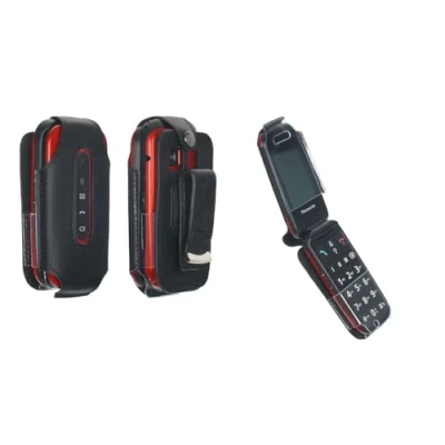 Image de caseroxx Sac Cuir avec Clip Ceinture Compatible Panasonic KX TU446 / TU456 TU466 de veritable, et fenêtre en Noir