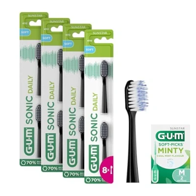 Image de GUM Sonic Daily Lot de 4X2 têtes brosse à dents sonique rechange pour Poils doux et microfins un nettoyage en profondeur (Noir) +1 bonus off