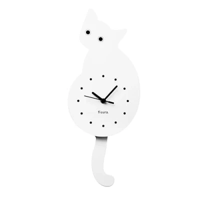 Image de Fisura Horloge Chat Blanc avec Queue. Murale Originale. silencieuse de 46 x 8 centimètres. Bois et ABS. 1 Pile AA (Non Incluse).