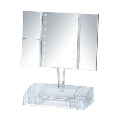 Image de WENKO Coiffeuse Miroir Lumineux Tactile à LED Fanano, Surface de 100% et grossissement 2X ou 3X, avec Espace Rangement, Plastique Verre, 34,5 x 39 16,5 cm, Transparent