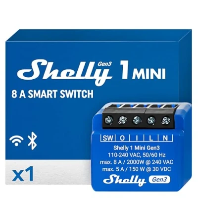 Image de Shelly 1 Mini Gen3, Micromodule Relais Interrupteur sans fil, Contacts secs, Wi Fi &amp; Bluetooth, Canal 8A, Commande portail, lumières, Alexa Google Home, App iOS Android, Aucun hub requis