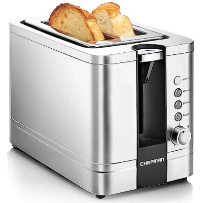 Image de Chefman Grille pain en acier inoxydable avec 7 réglages de bronzage, fentes extra larges pour bagels, fonctions décongélation/réchauffement/arrêt, tiroir à miettes amovible, 925 W, 240 V, argent