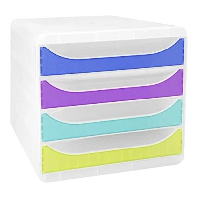 Image de Exacompta Réf. 310399D BIG BOX Chromaline Caisson 4 tiroirs pour format A4+ Dimensions extérieures : profondeur 34,70 x largeur 27,80 hauteur 26,70 cm Cristal/arlequin translucide