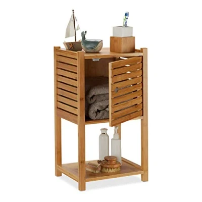 Image de Relaxdays Etagère de Salle Bambou, 2 rangements &amp; 1 Compartiment avec Porte, Meuble Bain HlP 62,5 x35x29cm, MDF, élément