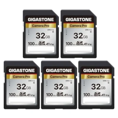 Image de Gigastone Carte Mémoire SDHC 32 Go, Caméra Pro Série, Lot de 5 Cartes, Vitesse allant jusqu&#039;à 100 Mo/s. Compatible avec Canon Nikon Sony Caméscope, A1 U1 V10 UHS I Classe 10 pour Full HD Vidéo