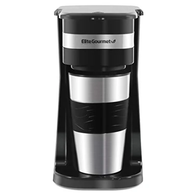 Image de Elite Gourmet EHC111A# Cafetière compacte pour une personne avec gobelet isotherme de 400 ml, acier inoxydable, compatible café moulu, filtre réutilisable, noir