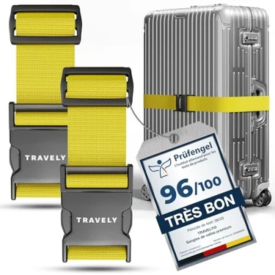 Image de Travely® Lot de 2 sangles valise qualité supérieure Particulièrement visibles et sûres Avec étiquettes nominatives Sangle idéale sur la croix Jaune