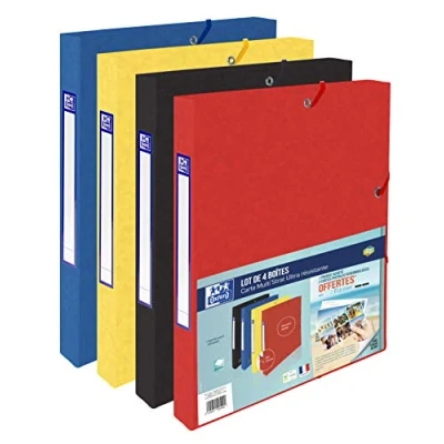 Image de Oxford Lot De 4 Boites Capacité Standard Top File+ 24x32cm Dos 25mm avec Elastique Couverture Carte Coloris Assortis